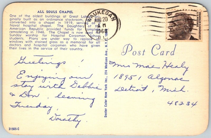 Great Lakes Illinois 1968 Postcard All Souls Chapel Waukegan Cancel