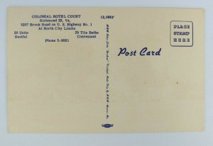 Colonial Hotel Court Motel Postcard Richmond VA US 1 1940s Street Cottages Linen