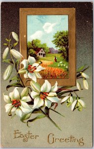 1910's Easter Greetings White-Petalled Flower Landscape Card Posted Postcard