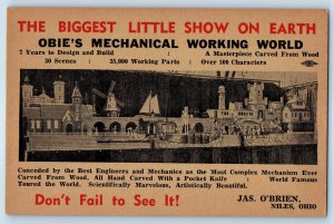 1940 Niles Ohio Postcard Obie's Mechanical Working World Jas. O'Brien Wood Carve
