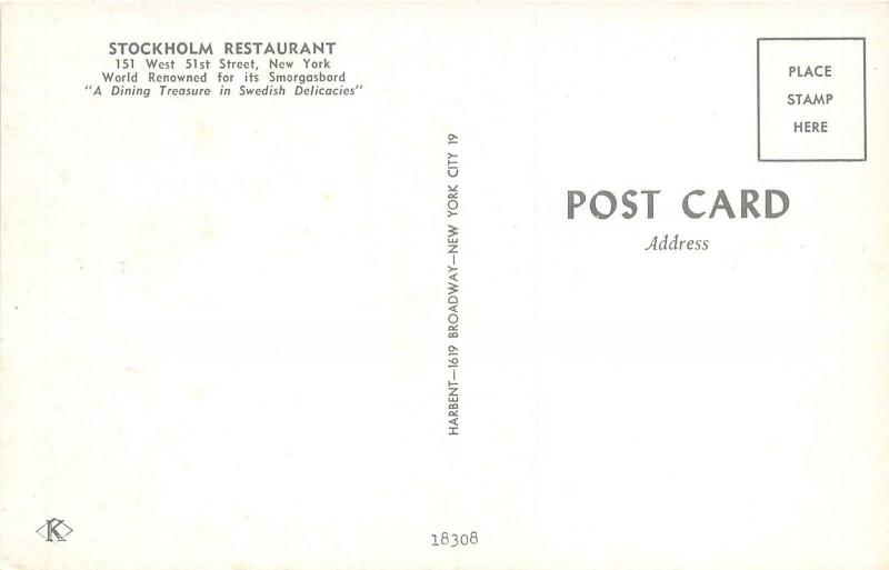 New York City~Stockholm Restaurant on West 51st Street~Dining Tables & Food~'50s