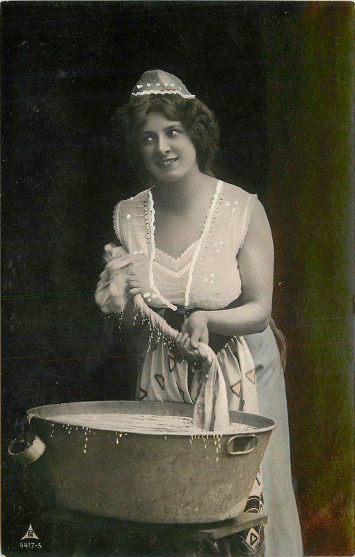 Buxom Young Woman Wash Tub C-1910 RPPC Photo Postcard 13115