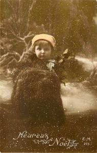 Hand-Colored RPPC Christmas Noel Child In Furs Snowy Landscape E.M. 273 France