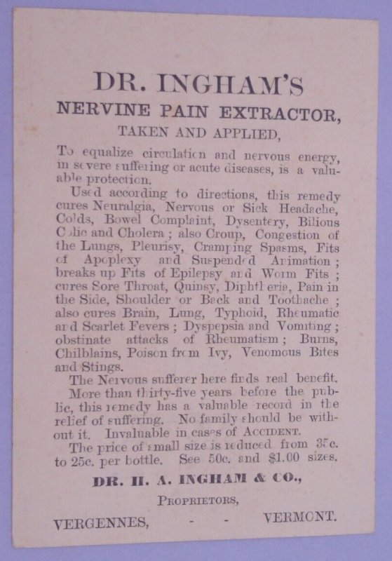 1800s Vergennes Vermont Quack Medicine Nervine Pain Extractor Ingham Trade Card