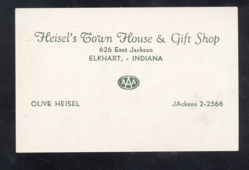 ELKHART INDIANA HEISEL'S TOWN HOUSE GIFT SHOP STORE VINTAGE ADVERTISING CARD