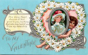 Postcard Valentine's Day Cupid in Daisy Heart w/ Portrait of Woman ~1910 K37