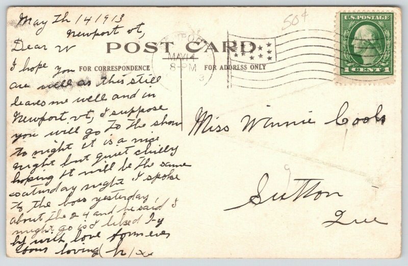 Just a Card from Newport Vermont~Too Busy to Write~Narrow Trail~1913 Pennant 