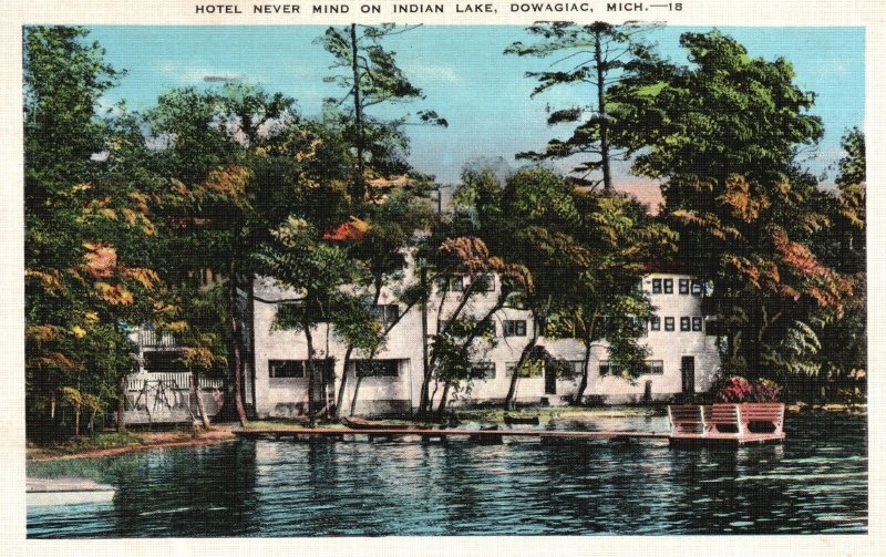 Vintage Postcard 1937 Hotel Never Mind on Indian Lake Dowagiac Michigan ...