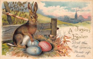 A Joyous  Easter Bunny With Colorful Easter Eggs, Embossed Vintage PC U6074