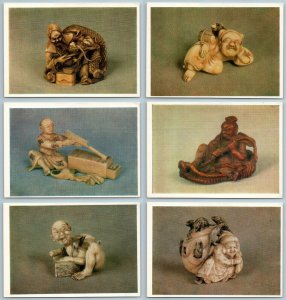 ANTIQUE JAPANESE NETSUKE Bone carving Miniature Animal Set Lot of 16 Postcards