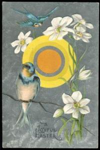 Beautiful EASTER Postcard Blue Birds Lillies Silver Backg...