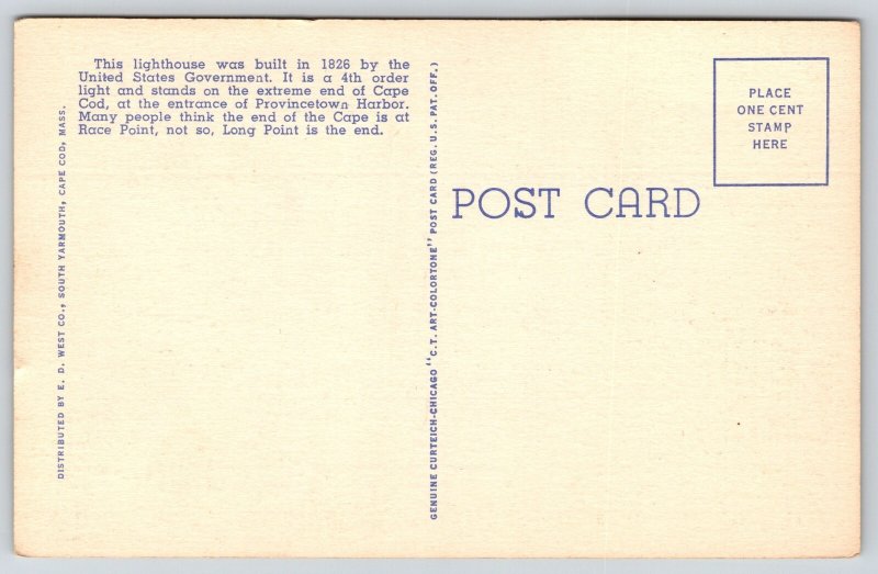 Provincetown Massachusetts~Long Point Lighthouse @ Cape Cod End~Linen Postcard