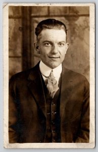 RPPC Akron Ohio Handsome Young Man Studio Portrait Photo 1916 Postcard M28