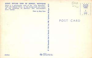 Detroit Michigan~Skyline @ Night~Lights Reflected in Water~1964 Postcard