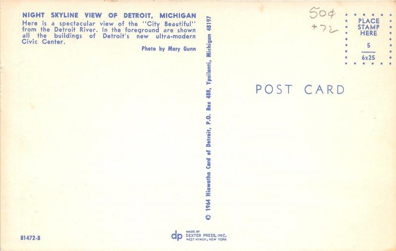 Detroit Michigan~Skyline @ Night~Lights Reflected in Water~1964 Postcard