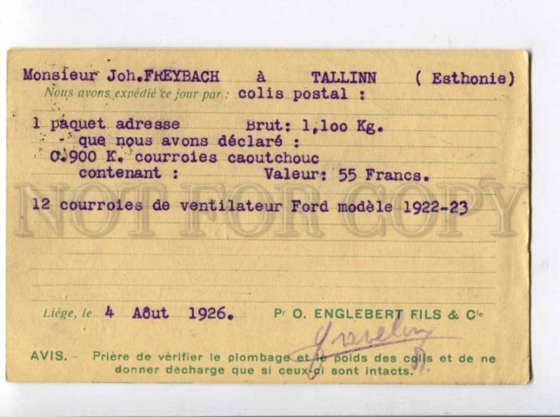 401583 BELGIUM ADVERTISING Engelbert 1926 year RPPC to ESTONIA