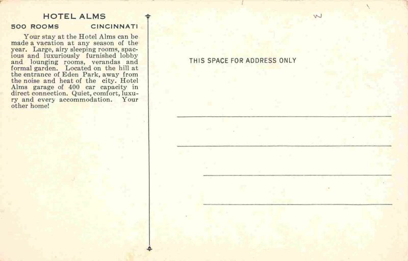 Hotel Alms Garden Cincinnati Ohio postcard