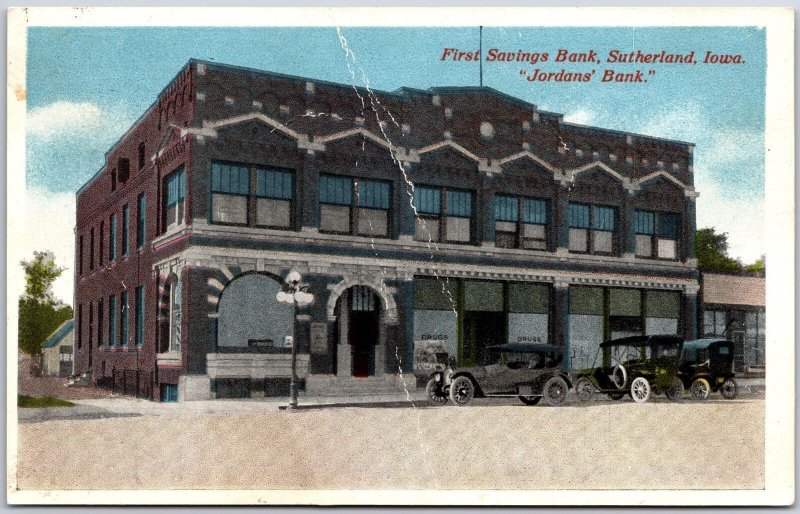 1915 First Savings Bank Sutherland Iowa Jordans Bank Drugstore Posted Postcard