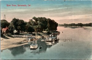 Postcard CA Sacramento River Scene Boat Houses ~1910 M76