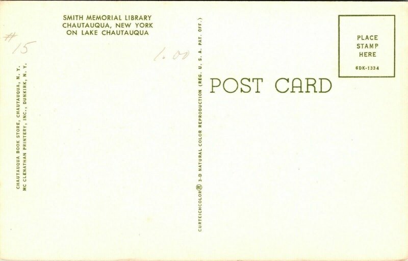 Smith Memorial Library Chautauqua New York NY Postcard Curtiech VTG UNP Vintage 