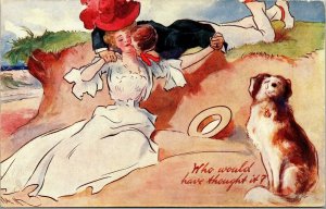 Vtg Who Would Of Thought It? Couple Romance Dog Oilette 1910s Tuck Postcard