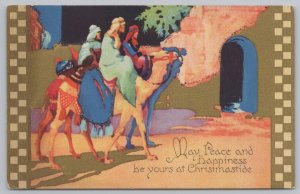 Holiday~Christmas~Wise Men on Camels @ City Gate at Night~Vintage Postcard 