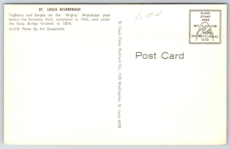 Missouri~Tugboats & Barges @ St Louis Mississippi Riverfront~Vintage Postcard