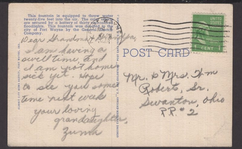 Indiana Fort Wayne, Electric Fountain in Reservoir Park  pm1946 ~ Linen