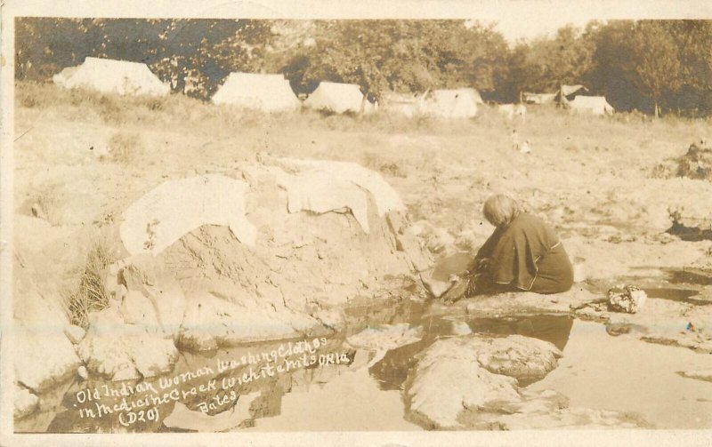 Postcard RPPC Oklahoma Indian woman washing clothes Medicine Creek 23-10454