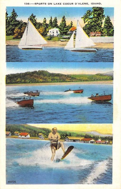 Lake Coeur D Alene Idaho Sports On Lake Multiview Antique Postcard K20320