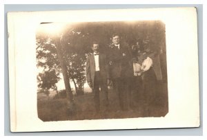 Vintage 1910's RPPC Postcard - Men in front of Country Home Woman watchover