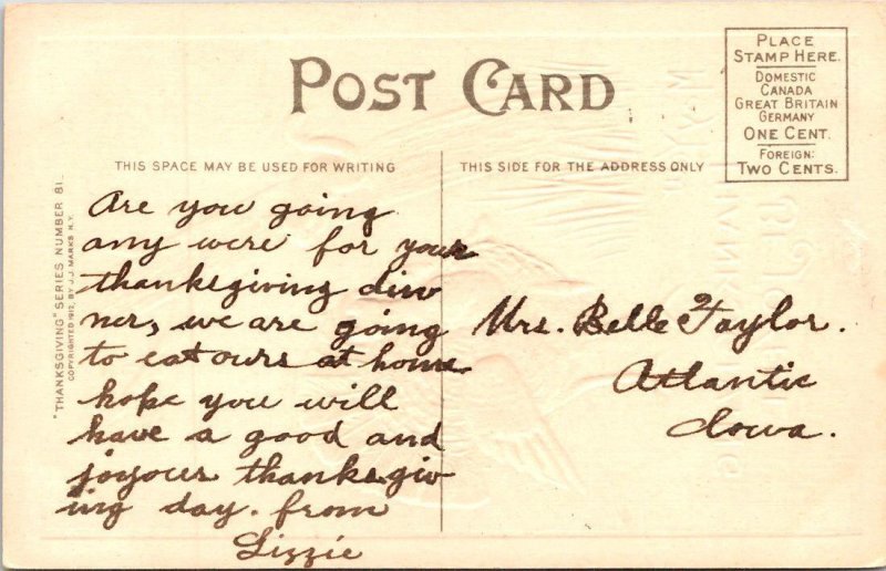 2~ca1910's Postcards  THANKSGIVING GREETINGS  Kitchen~Chefs~Turkey~Squirrel