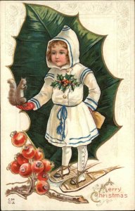 Christmas Little Girl Squirrel in Hand Snowshoes Snowshoeing c1910 Postcard