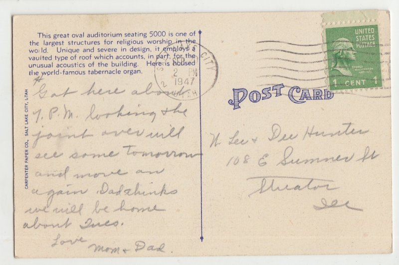 P3072, 1947 postcard interior great mormon tabernacle salt lake city utah