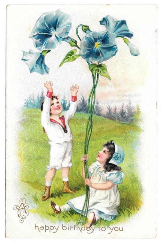 Tuck Fantasy Birthday Postcard Children Morning Glories