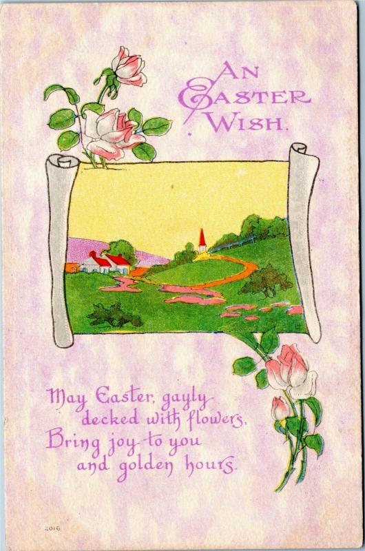 postcard An Easter Wish, field and village scene - Bergman 1913