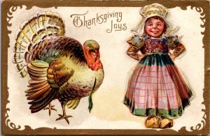 Thanksgiving Joy Postcard Dutch Girl with a Turkey