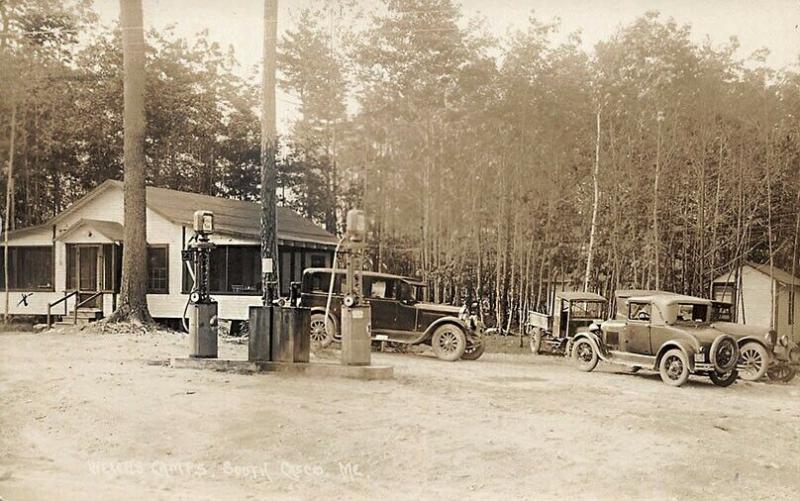 South Casco ME Welch's Camps Gasoline Pumps Old Truck Cars Real Photo Postcard