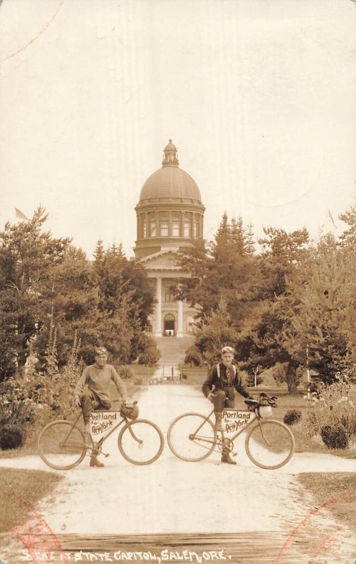 SALEM OREGON~YOUNG MEN ON BICYCLES~PORTLAND TO NEW YORK RIDE~REAL PHOTO POSTCARD