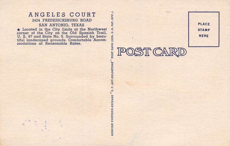 San Antonio Texas Angeles Court Motel Color Linen Card Vintage Postcard U1780