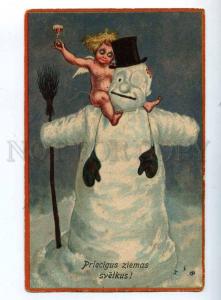 202995 COMIC Dressed SNOWMAN & Drunk ANGEL by HSB Vintage PC