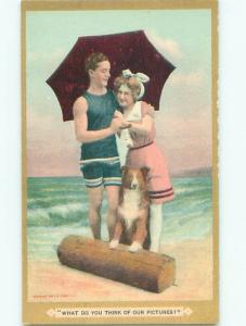 Pre-Linen DOG BESIDE COUPLE AT THE BEACH AC5261@