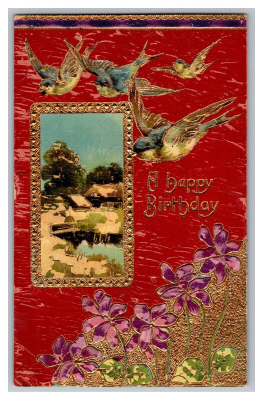 Postcard A Happy Birthday Embossed Card Birds Flowers Country Scene 