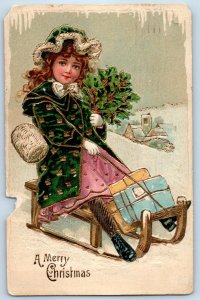 1910 Christmas Child Girl With Berries Sled Winter Scene Embossed Postcard