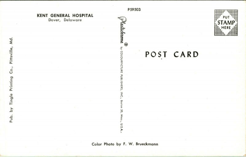 Kent General Hospital Front View Dover Delaware DE UNP Chrome Postcard A8