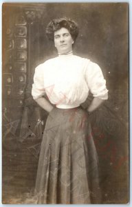 c1910s Woman w/ Crazy Corset RPPC Classy Lady Girl Real Photo Postcard Hair A158