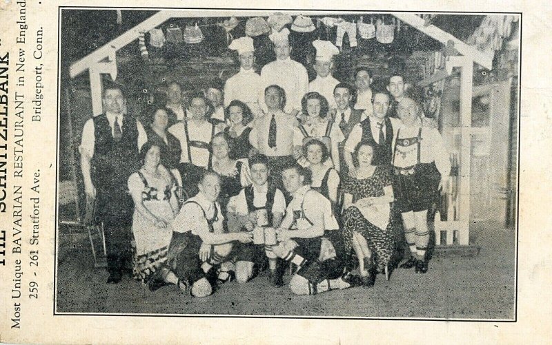 Postcard View of Staff at The Schnitzelbank Bavarian Restaurant, Bridgeport, CT.