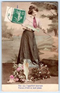 RPPC WOMAN FISH HANDCOLORED MY HEART POISSON D'AVRIL APRIL FOOLS FRENCH POSTCARD