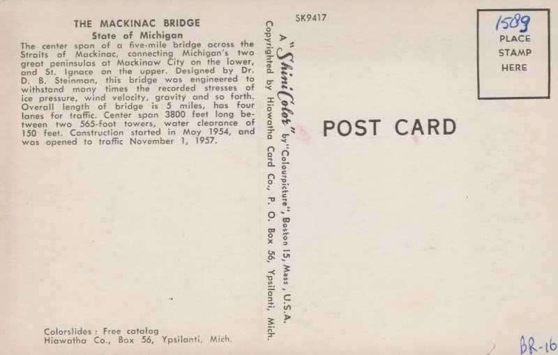 USA State Of Michigan Mackinac Bridge Chrome Postcard 04.05