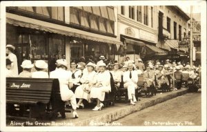 St. Petersburg Florida FL Visitors Green Benches Real Photo Vintage Postcard